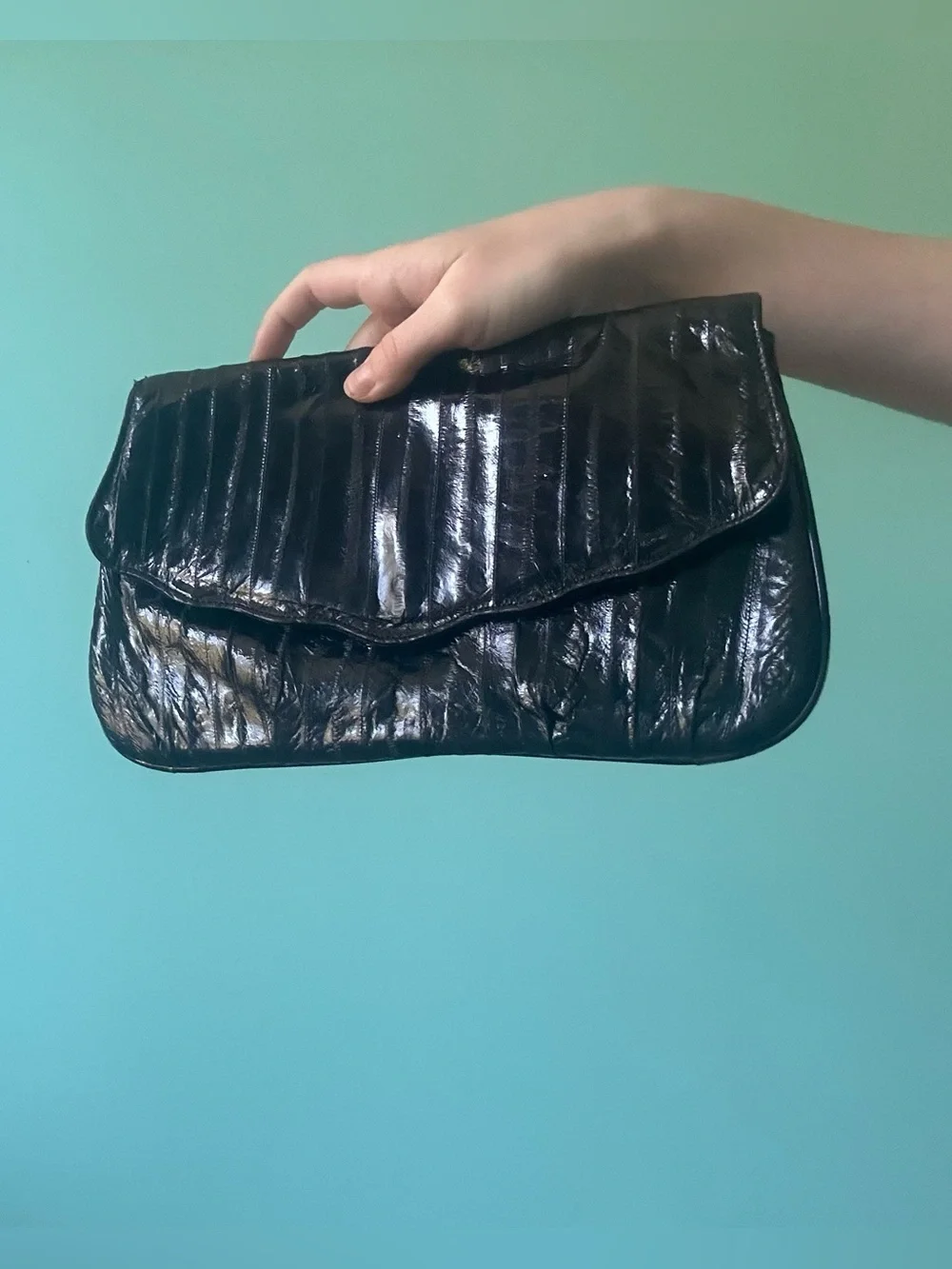 Genuine Eel Skin Black Fold-Over Clutch Wristlet